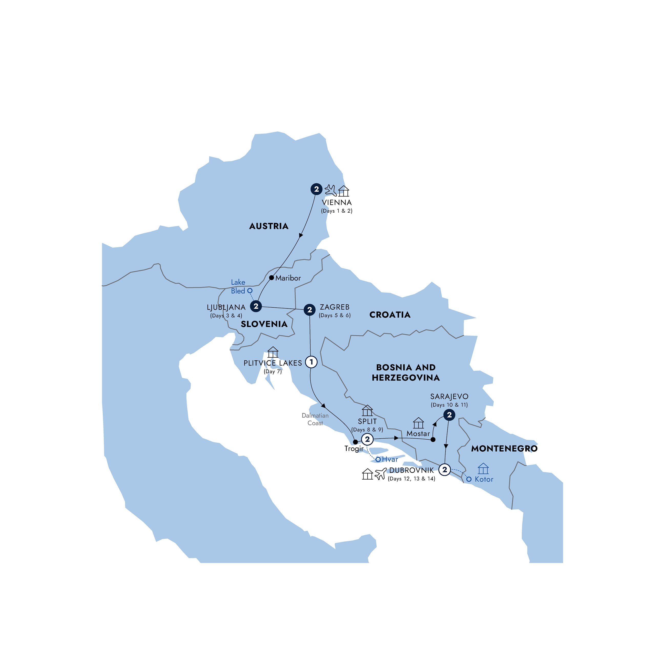 14-Day Eastern Capitals & the Dalmatian Riviera Classic Tour from Vienna: Ljubljana, Zagreb, Split, Sarajevo, Dubrovnik | Knowledgeable Travel Director | Free Airport Pick Up & Drop Off